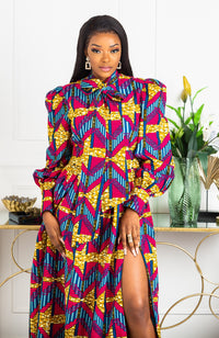 Ankara Long Dress - African Print Pussy-bow Maxi Dress - JAMILA