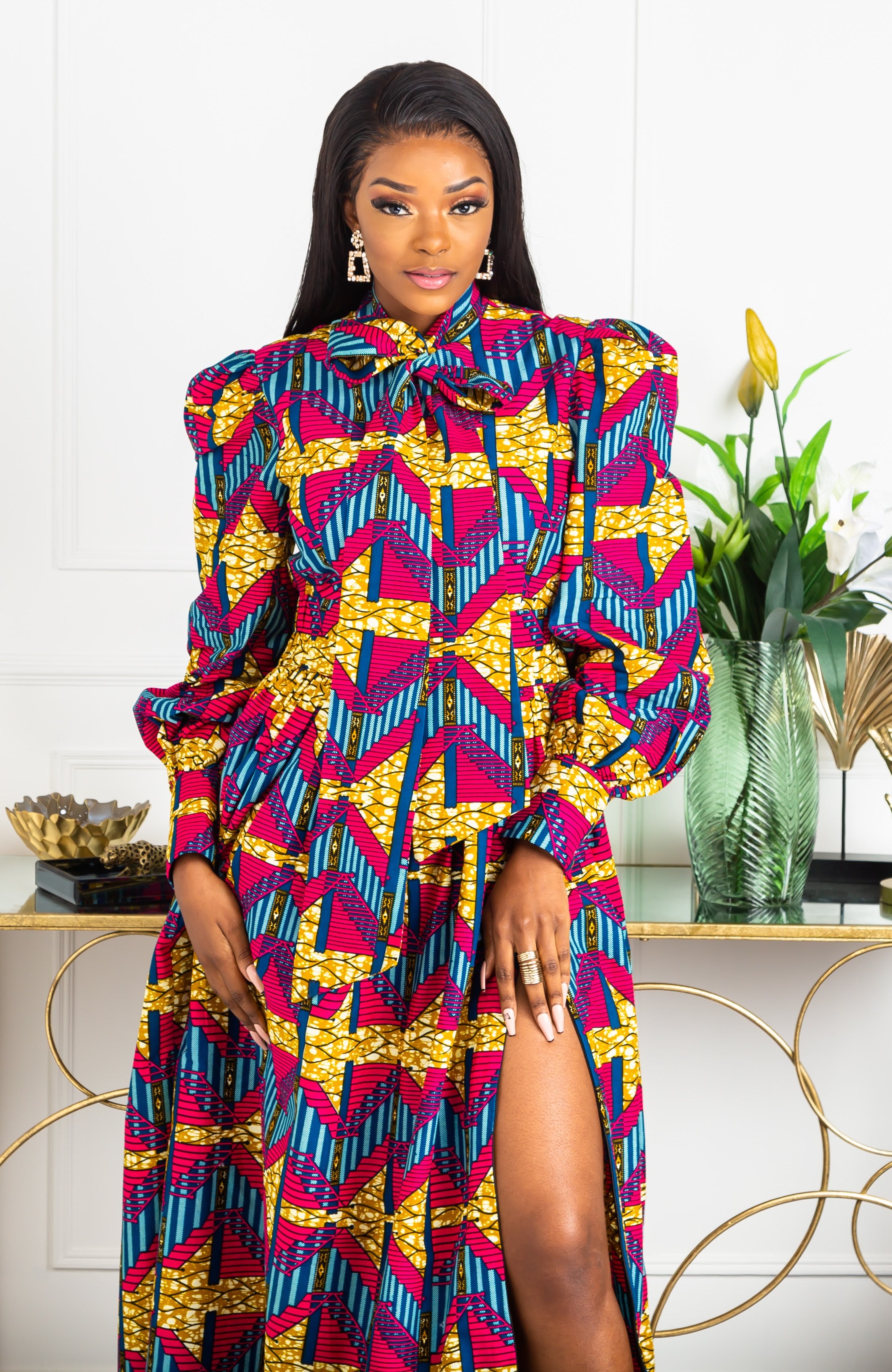 Ankara Long Dress - African Print Pussy-bow Maxi Dress - JAMILA