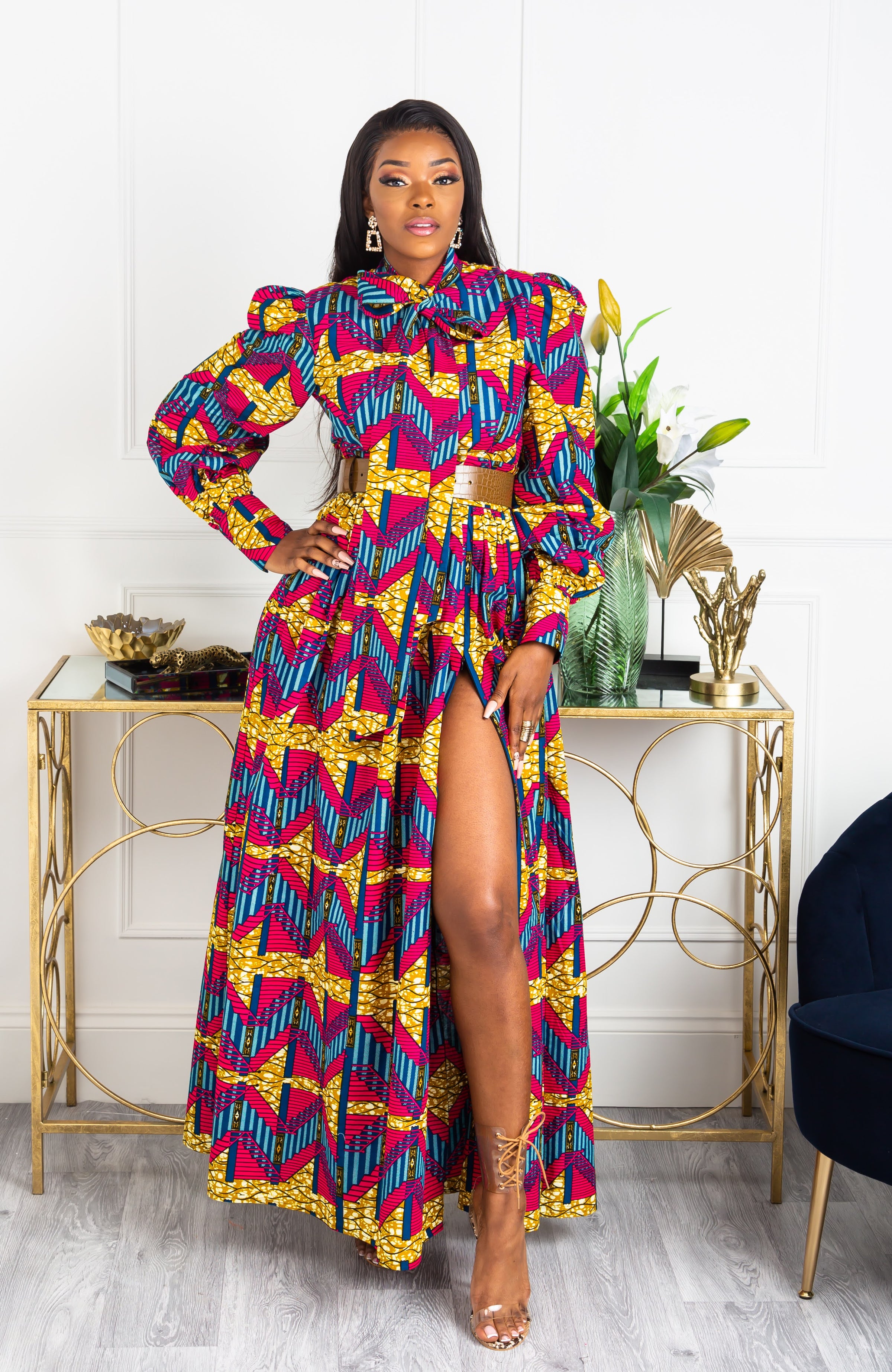Ankara Long Dress - African Print Pussy-bow Maxi Dress - JAMILA