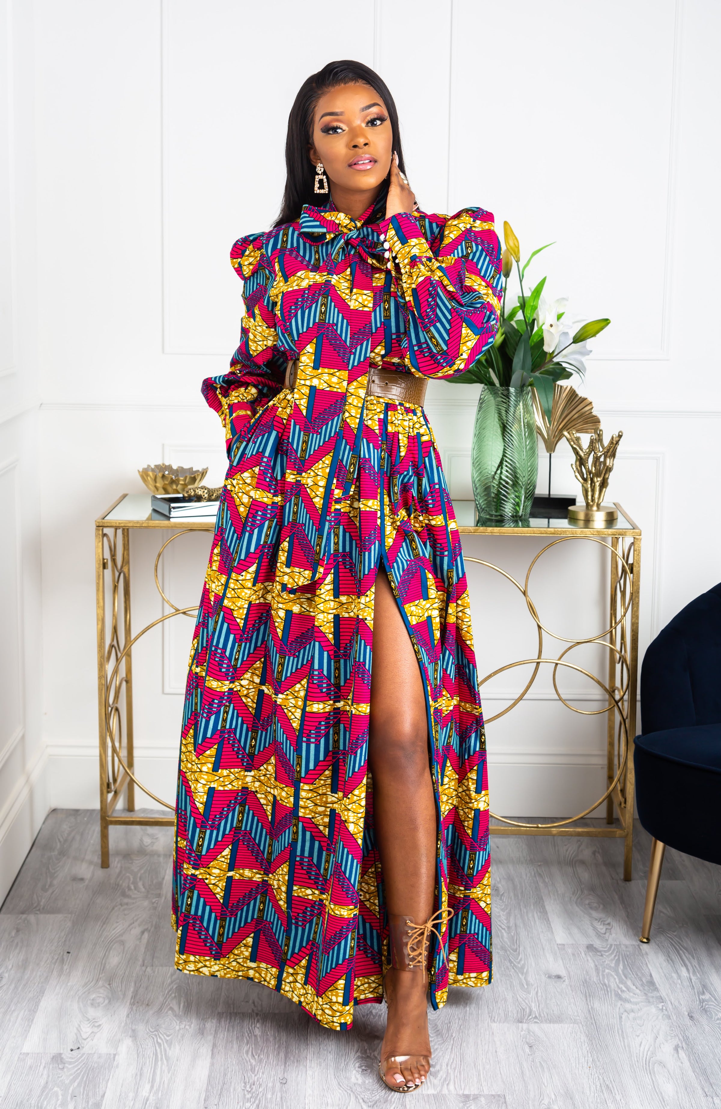 Ankara Long Dress - African Print Pussy-bow Maxi Dress - JAMILA
