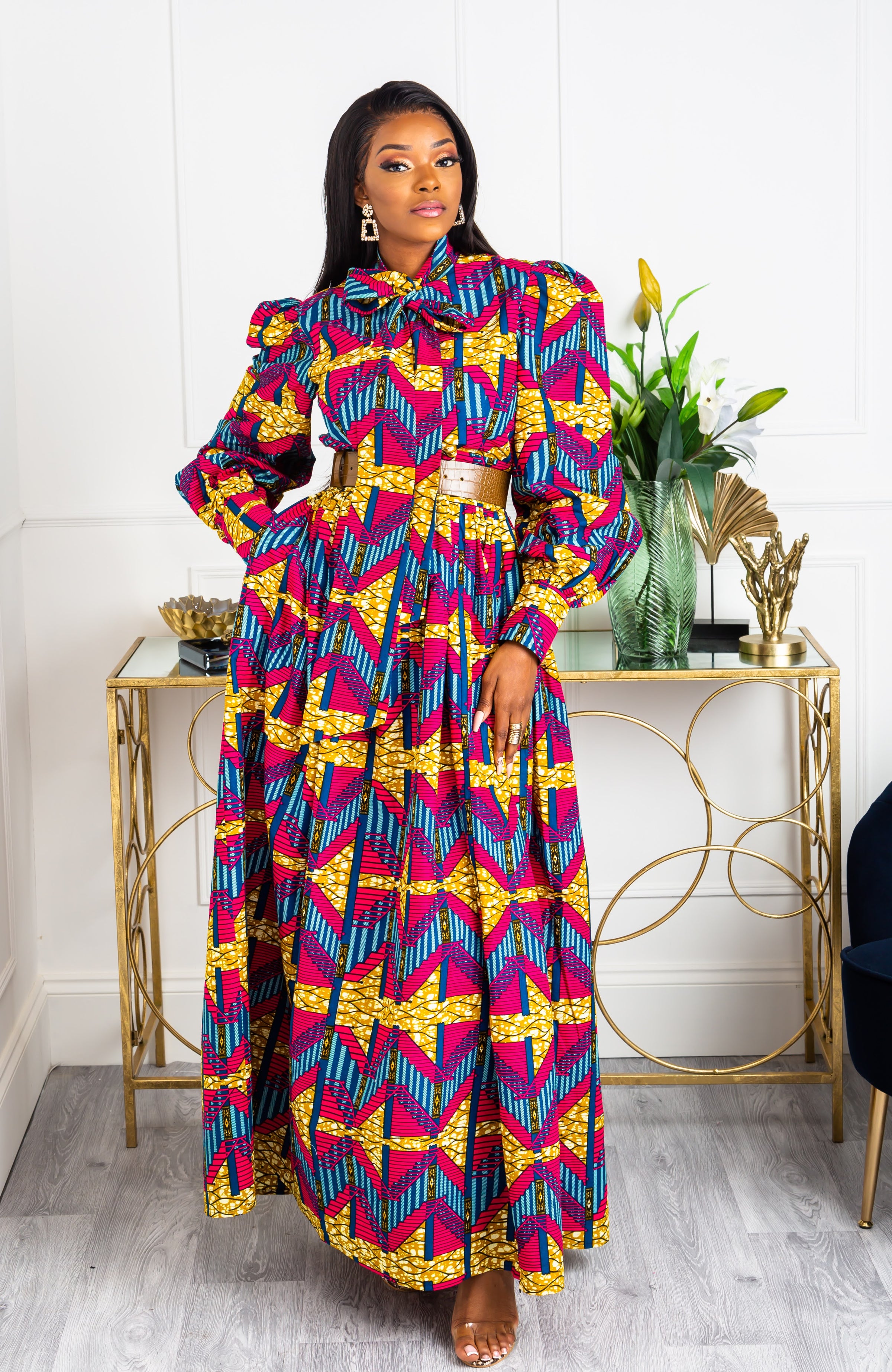 Ankara Long Dress - African Print Pussy-bow Maxi Dress - JAMILA