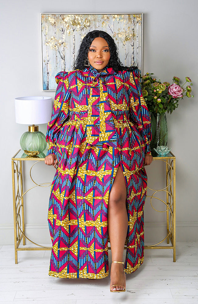 Ankara Long Dress - African Print Pussy-bow Maxi Dress - JAMILA