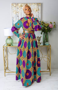 African Print Deep V Turtleneck Maxi Dress - PETRA
