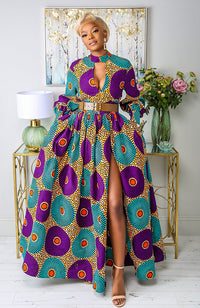 African Print Deep V Turtleneck Maxi Dress - PETRA