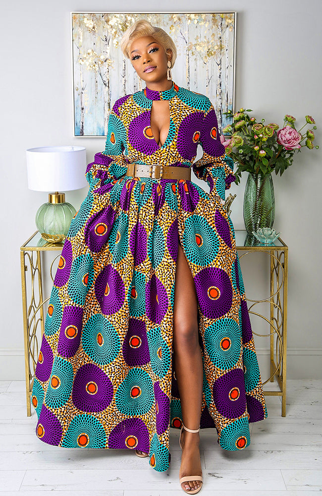 African Print Deep V Turtleneck Maxi Dress - PETRA