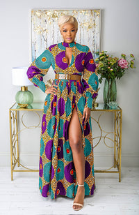 African Print Deep V Turtleneck Maxi Dress - PETRA