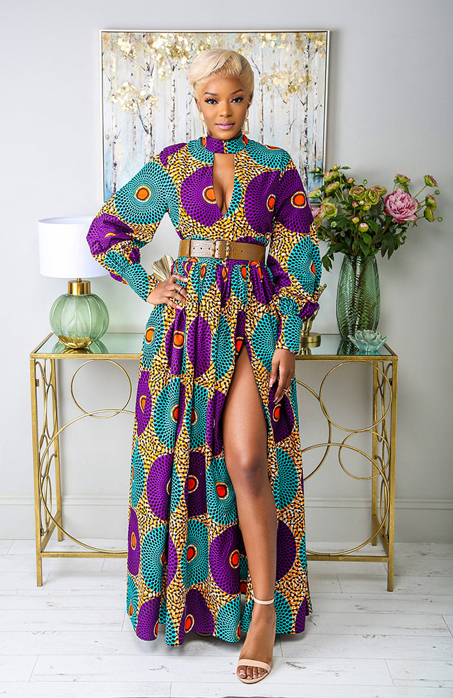 African Print Deep V Turtleneck Maxi Dress - PETRA