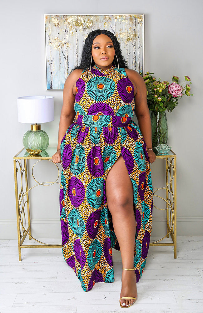 African Sleeveless Long Dress - Turtleneck Dashiki Maxi Dress - PETRA
