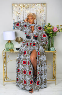 Deep V Turtleneck Ankara Maxi Dress - Long Sleeved Maxi Dress - DEBRA