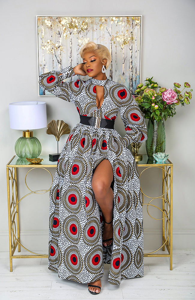 Deep V Turtleneck Ankara Maxi Dress - Long Sleeved Maxi Dress - DEBRA