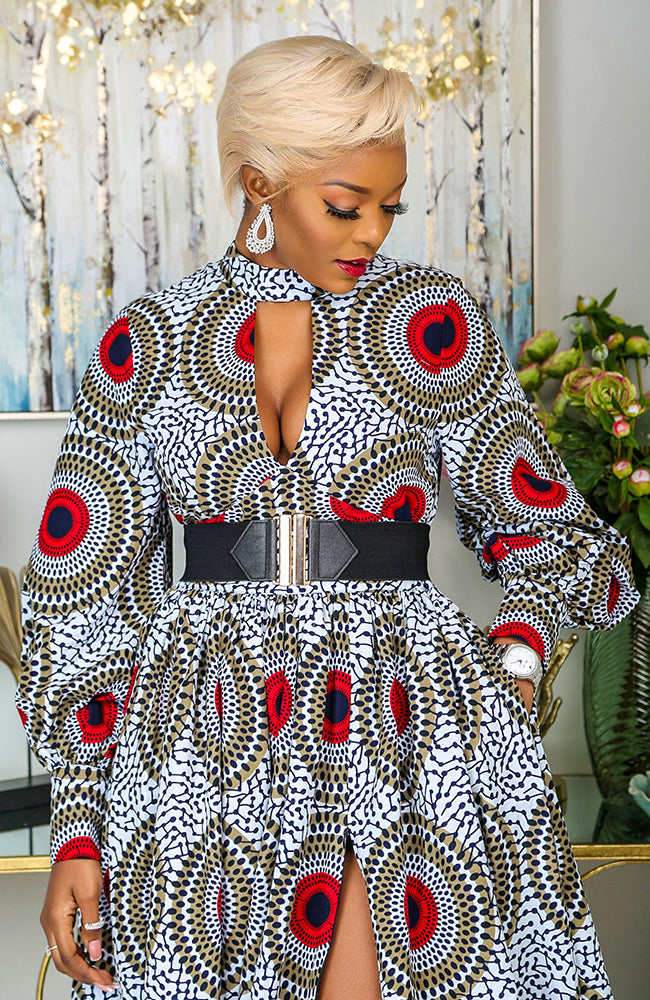 Deep V Turtleneck Ankara Maxi Dress - Long Sleeved Maxi Dress - DEBRA