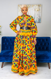 Kente High Neck Deep V African Print Maxi Dress - NATALIA