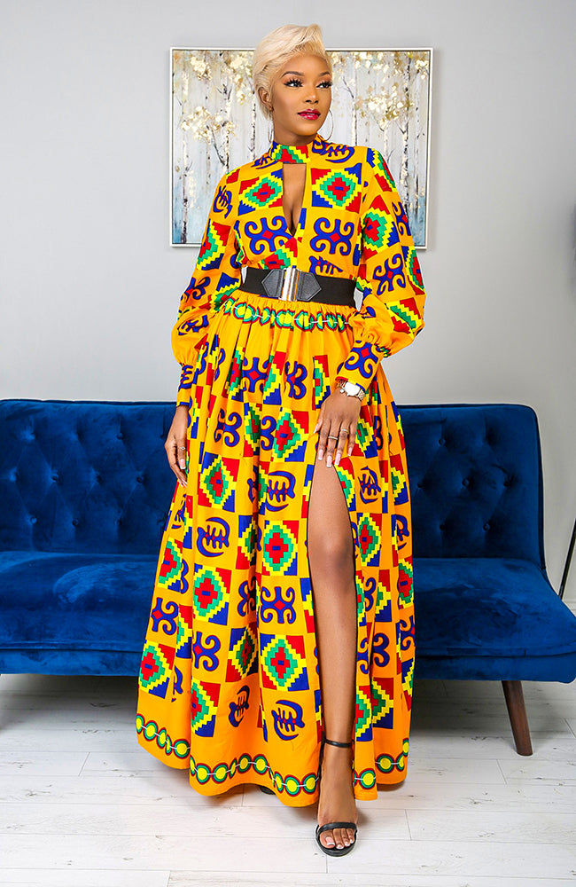 Kente High Neck Deep V African Print Maxi Dress - NATALIA