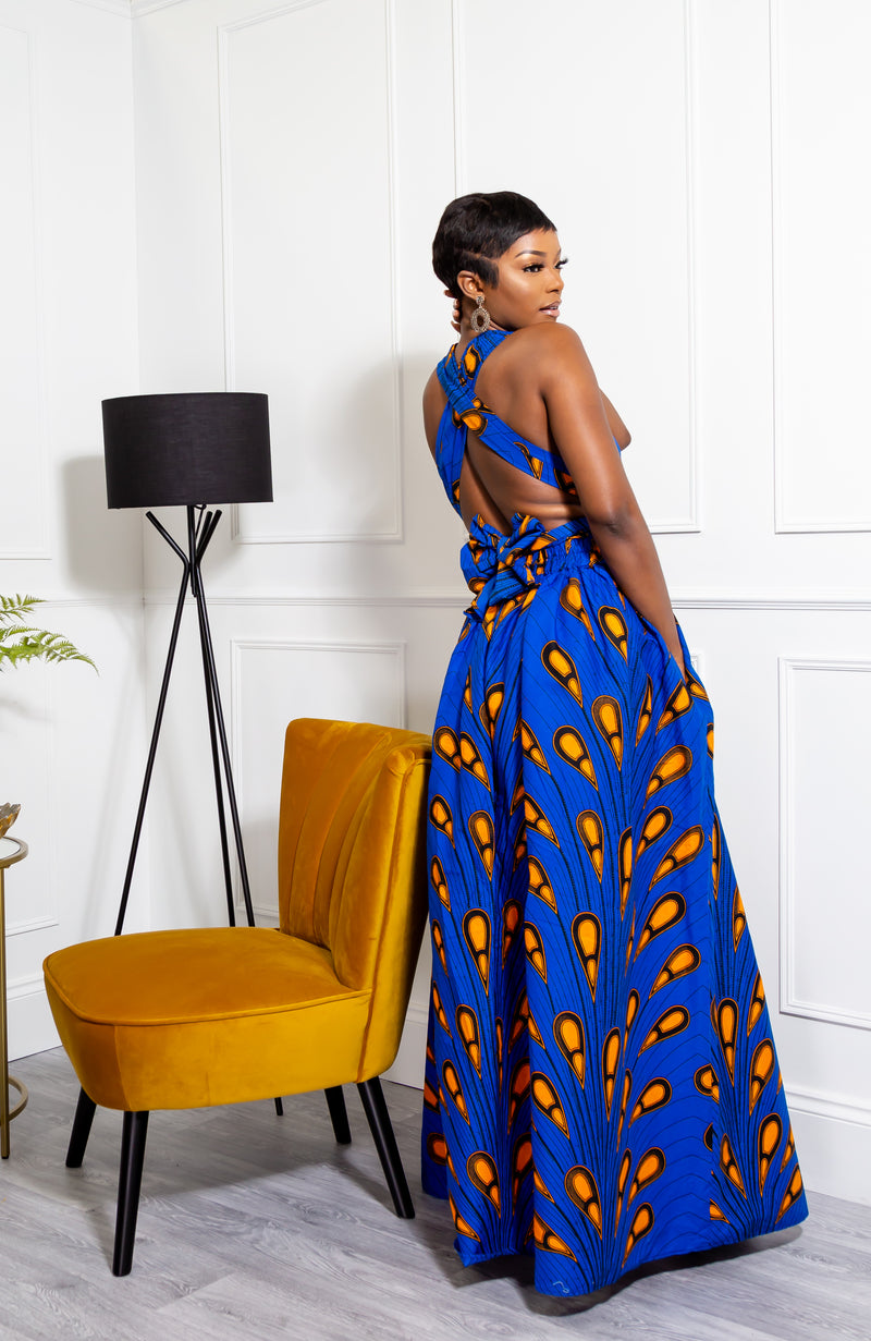 African Print Blue Infinity Multiway Maxi Dress - ELLA