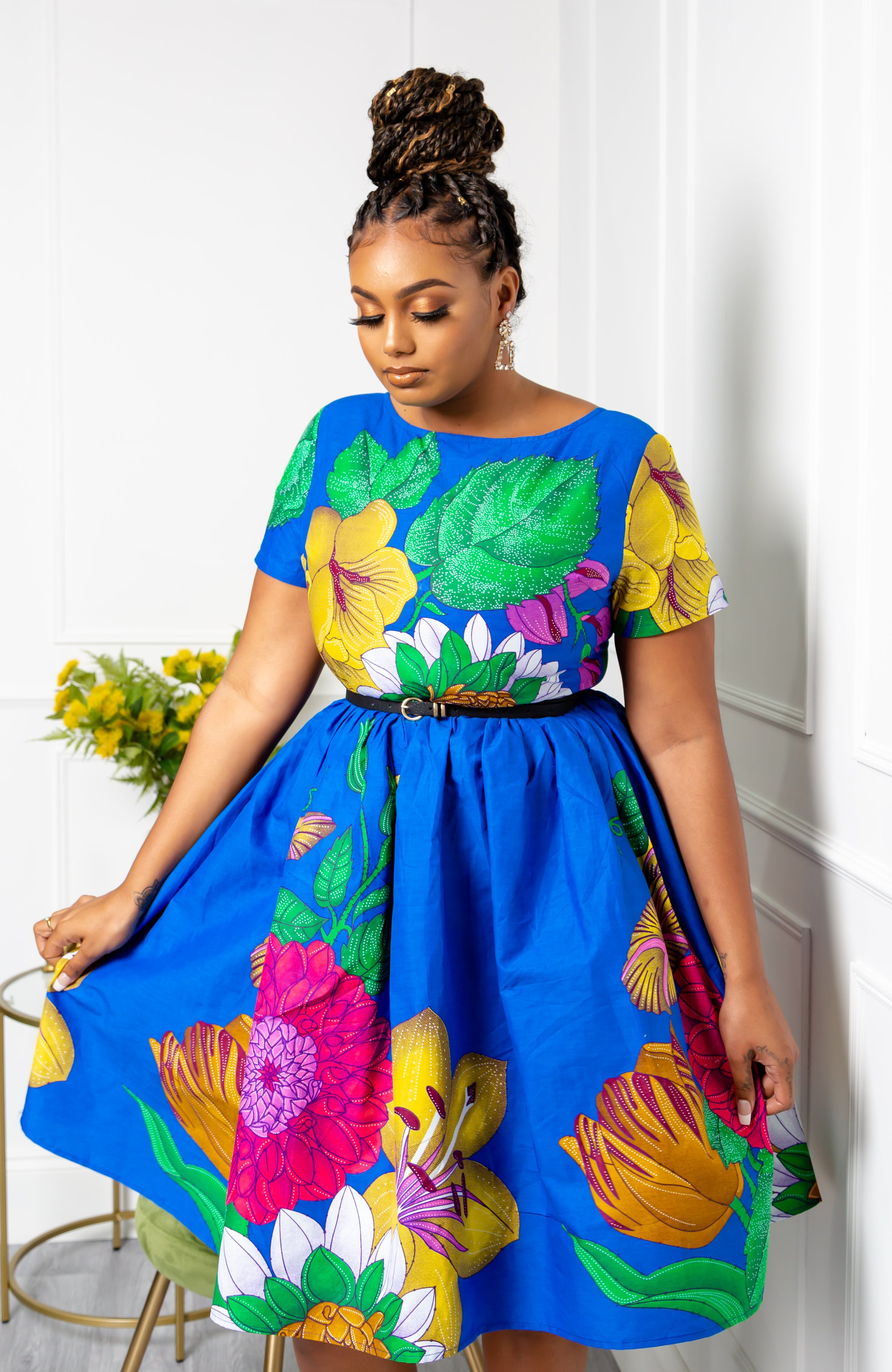 African Print Short Sleeved Fit and Flare Midi Dress - ARIA