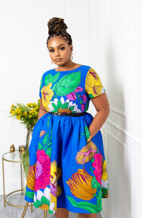 African Print Short Sleeved Fit and Flare Midi Dress - ARIA