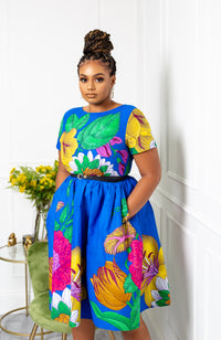 African Print Short Sleeved Fit and Flare Midi Dress - ARIA