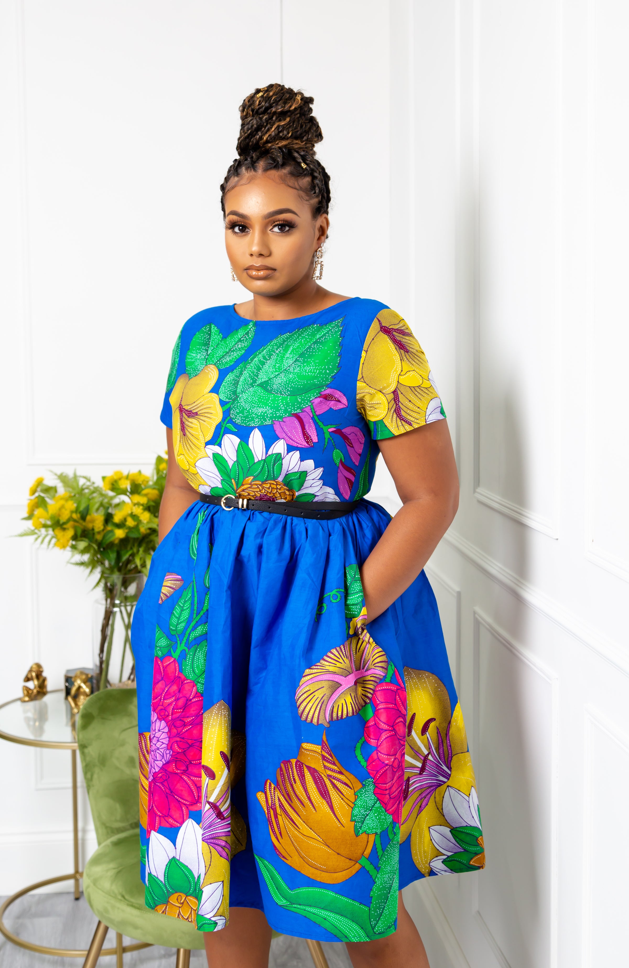 African Print Short Sleeved Fit and Flare Midi Dress - ARIA
