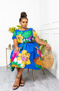 African Print Short Sleeved Fit and Flare Midi Dress - ARIA