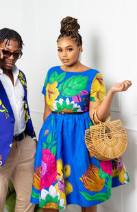 African Print Short Sleeved Fit and Flare Midi Dress - ARIA