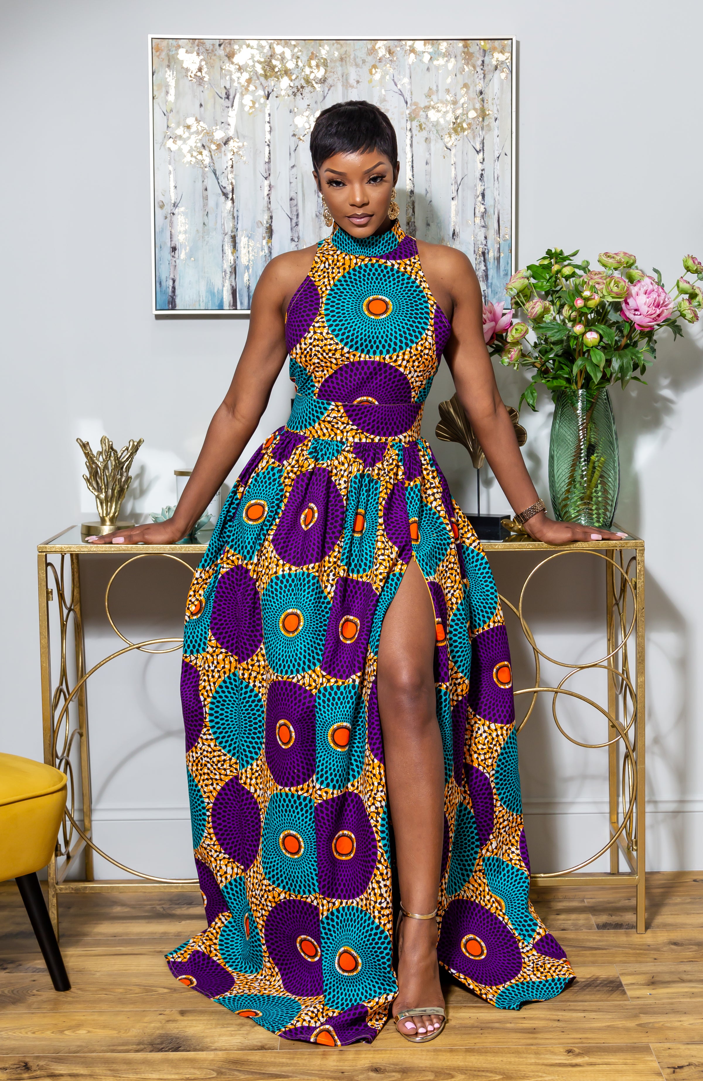 African Sleeveless Long Dress - Turtleneck Dashiki Maxi Dress - PETRA