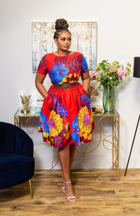 African Print Short Sleeved Fit and Flare Midi Dress - LAYLA