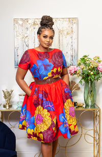 African Print Short Sleeved Fit and Flare Midi Dress - LAYLA