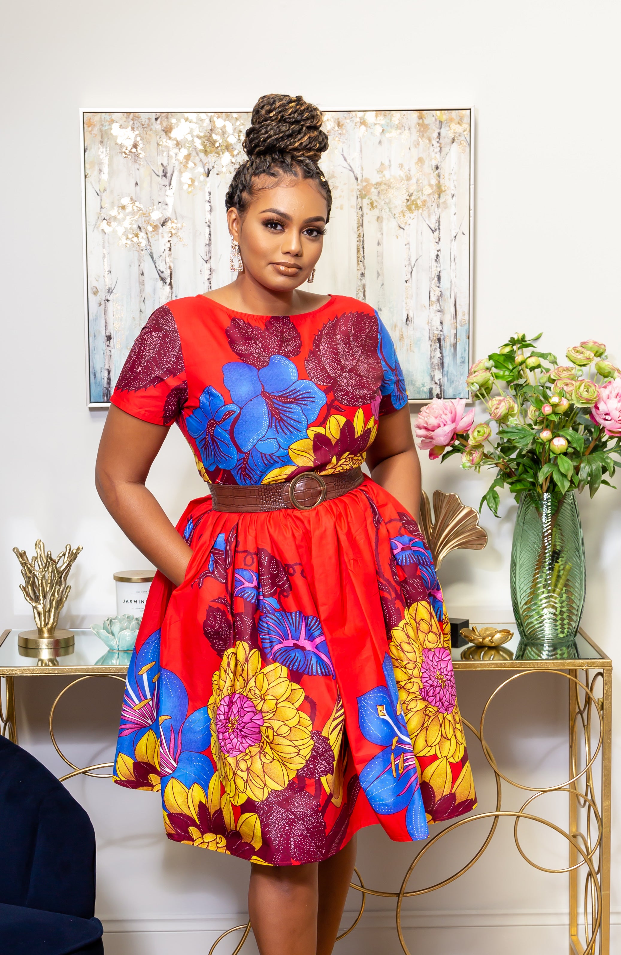 African Print Short Sleeved Fit and Flare Midi Dress - LAYLA