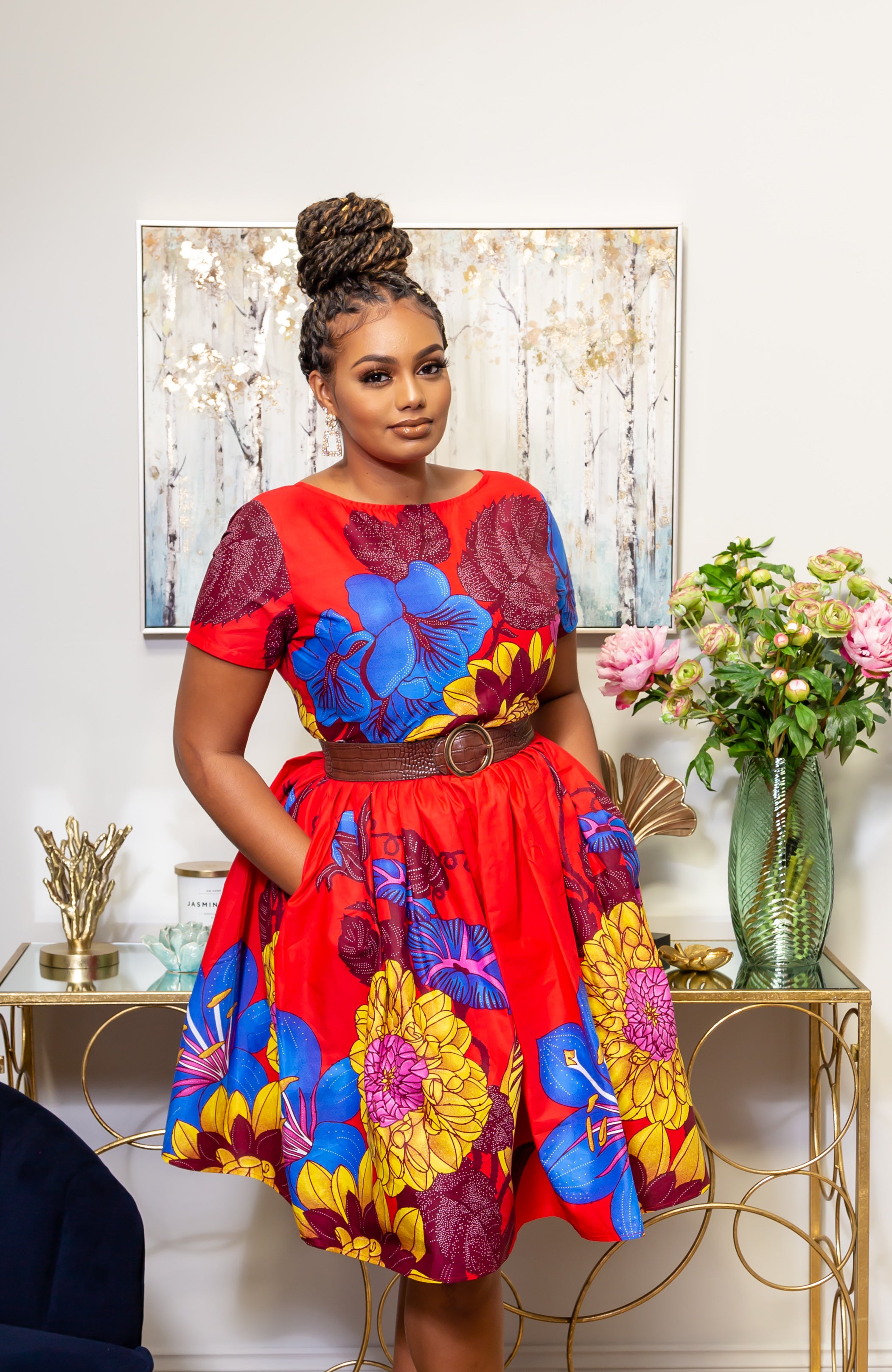 African Print Short Sleeved Fit and Flare Midi Dress - LAYLA