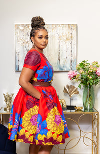 African Print Short Sleeved Fit and Flare Midi Dress - LAYLA