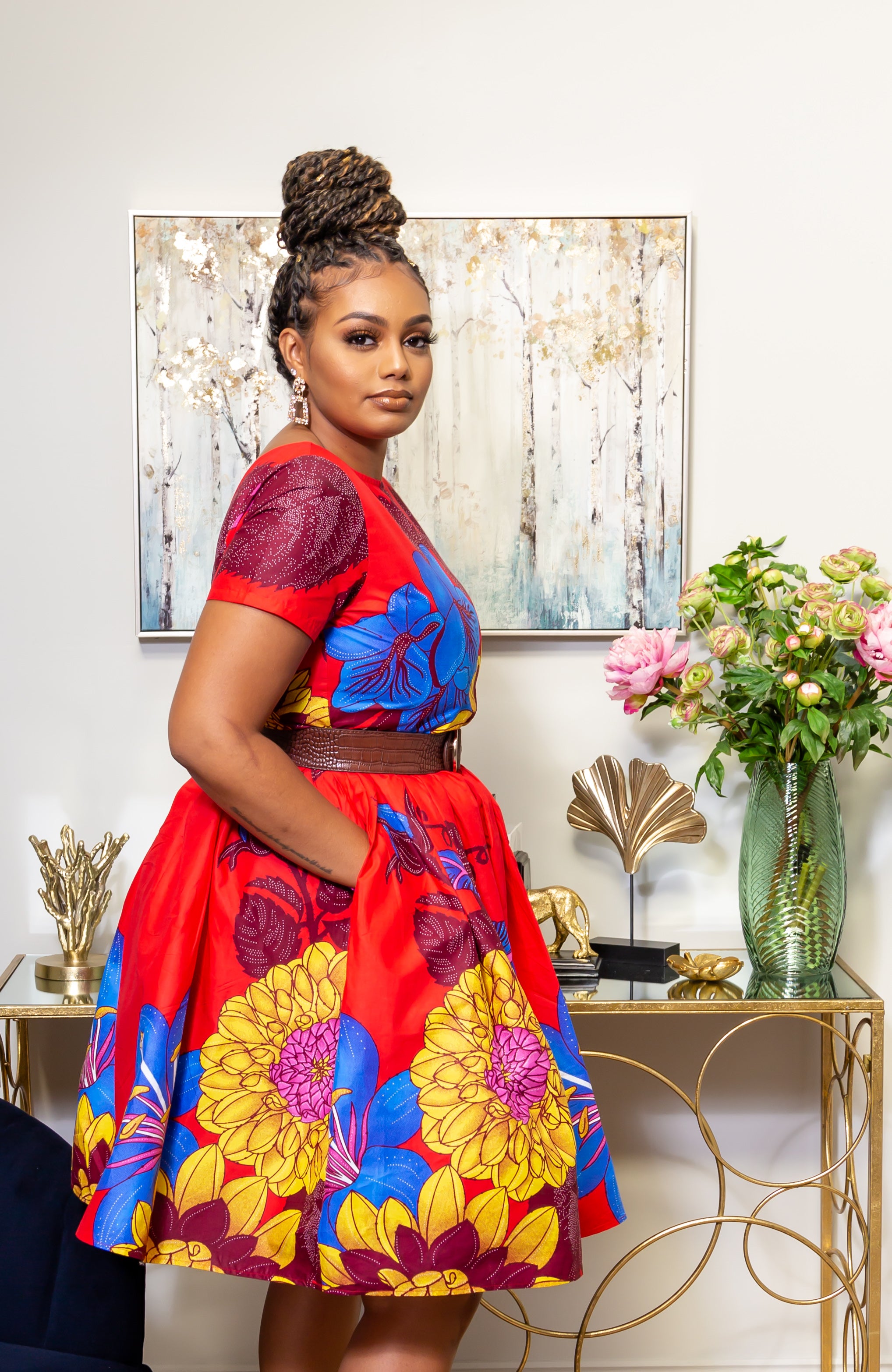 African Print Short Sleeved Fit and Flare Midi Dress - LAYLA