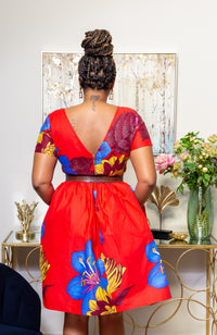 African Print Short Sleeved Fit and Flare Midi Dress - LAYLA