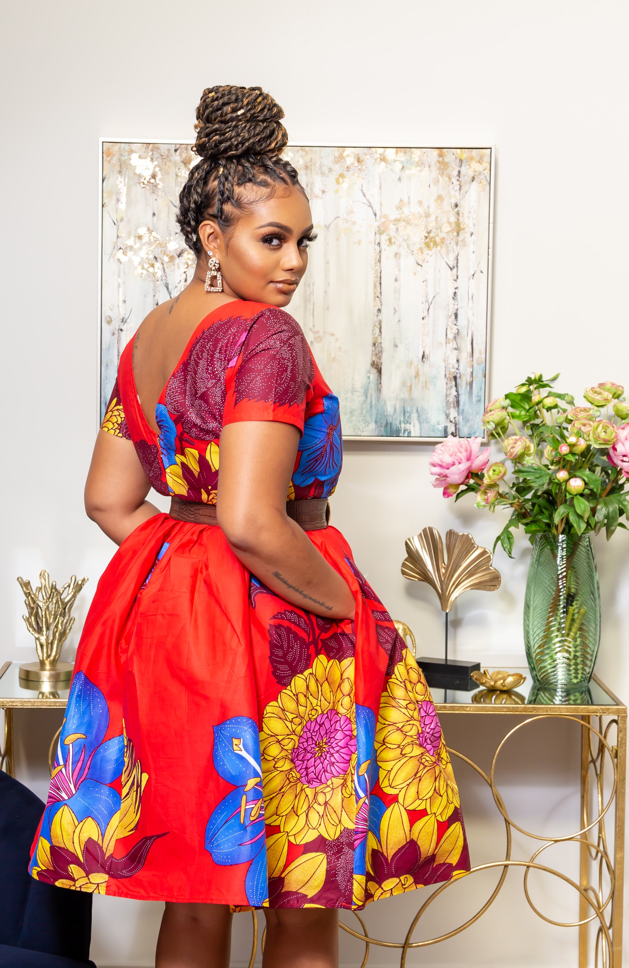 African Print Short Sleeved Fit and Flare Midi Dress - LAYLA