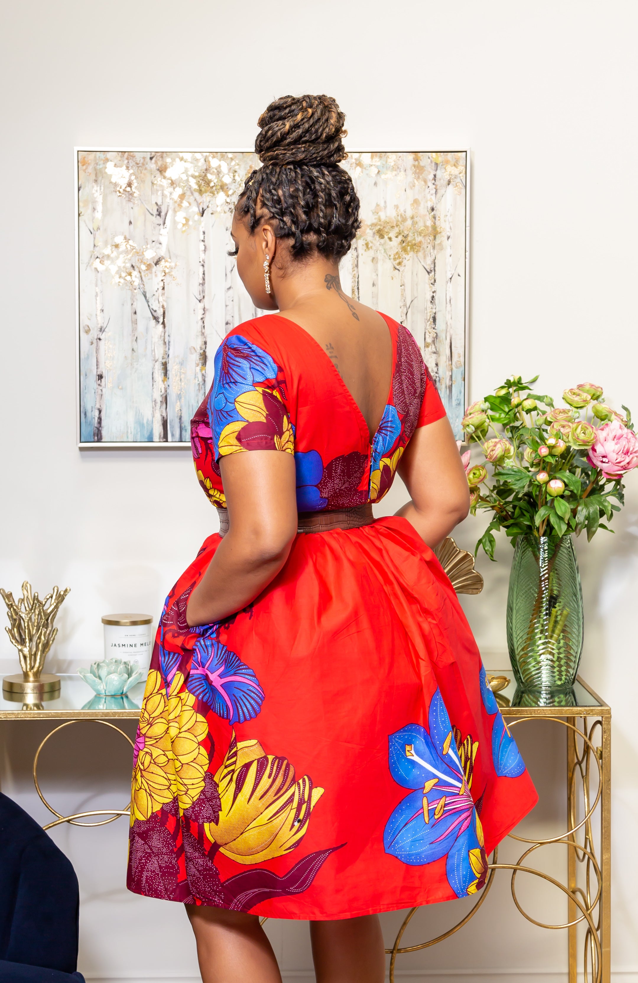 African Print Short Sleeved Fit and Flare Midi Dress - LAYLA