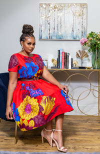 African Print Short Sleeved Fit and Flare Midi Dress - LAYLA