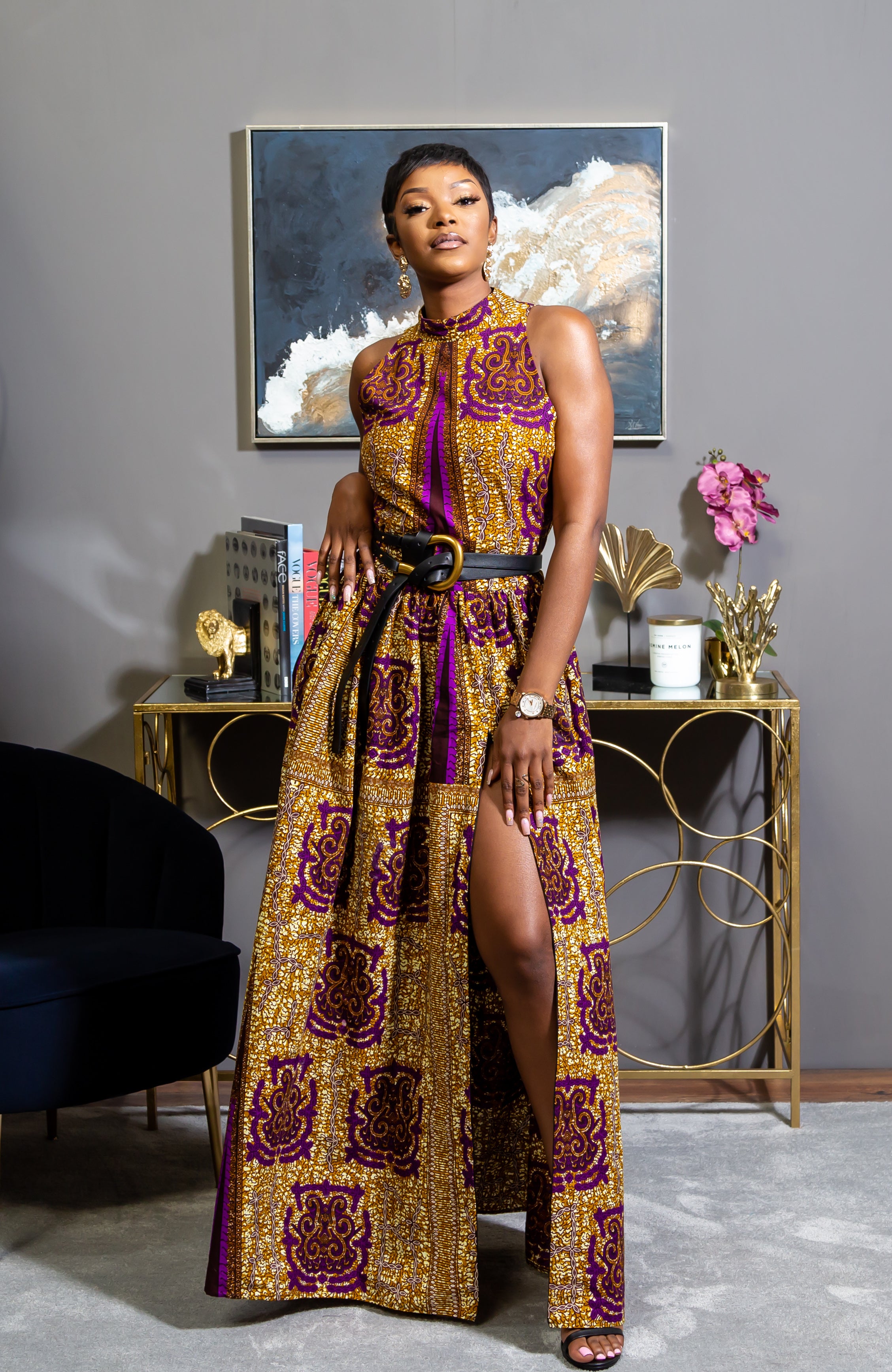 Modern African Print Dress - Sleeveless Turtleneck Maxi Dress - JESSA