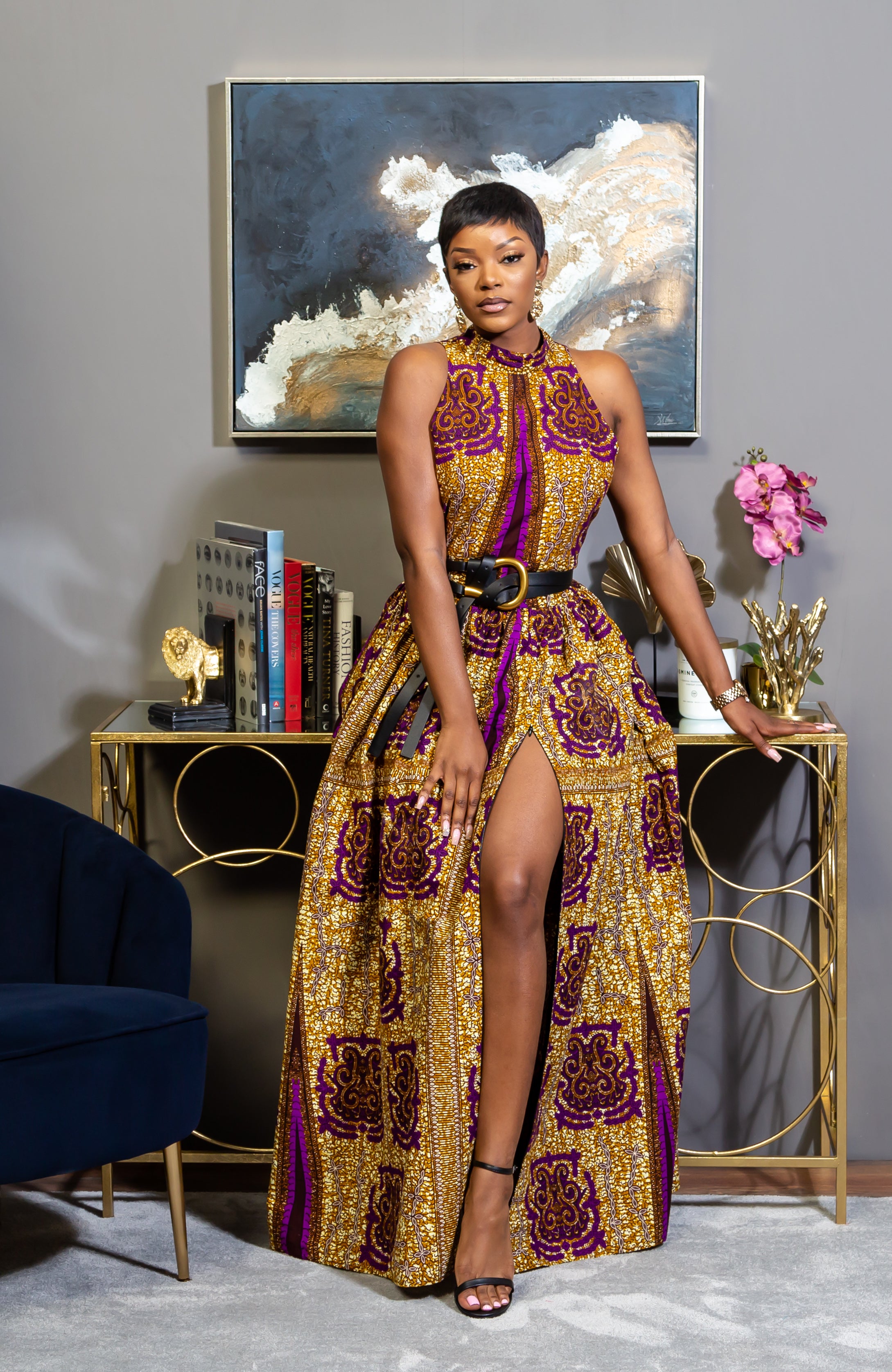 Modern African Print Dress - Sleeveless Turtleneck Maxi Dress - JESSA