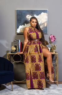 Modern African Print Dress - Sleeveless Turtleneck Maxi Dress - JESSA