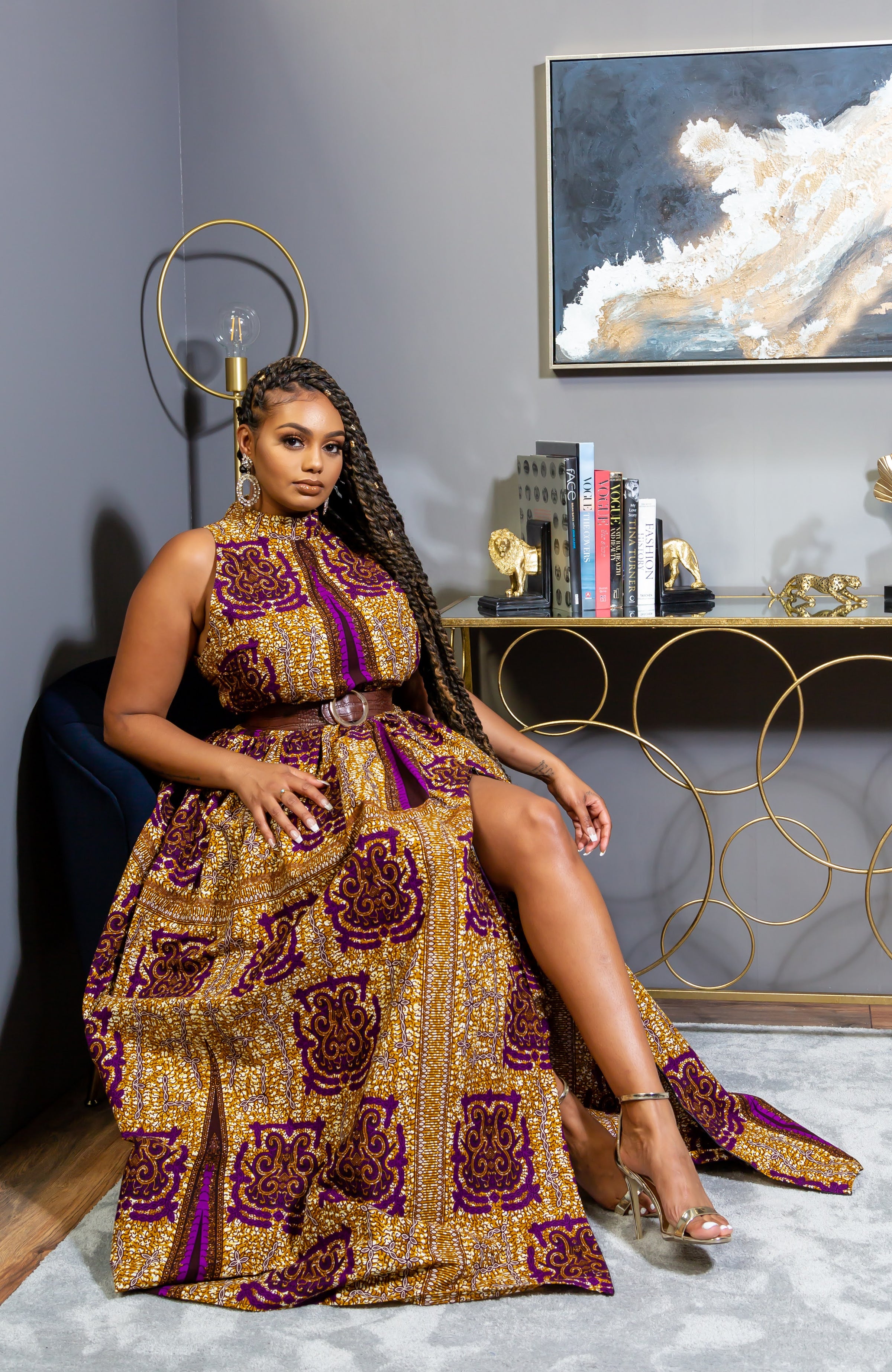 Modern African Print Dress - Sleeveless Turtleneck Maxi Dress - JESSA