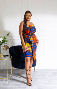 Ankara Asymmetric Tube Fold Over Strapless Red Midi Dress - JERICA