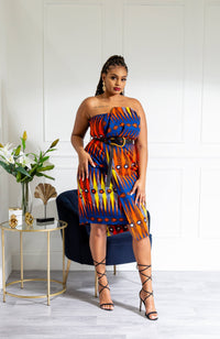 Ankara Asymmetric Tube Fold Over Strapless Red Midi Dress - JERICA