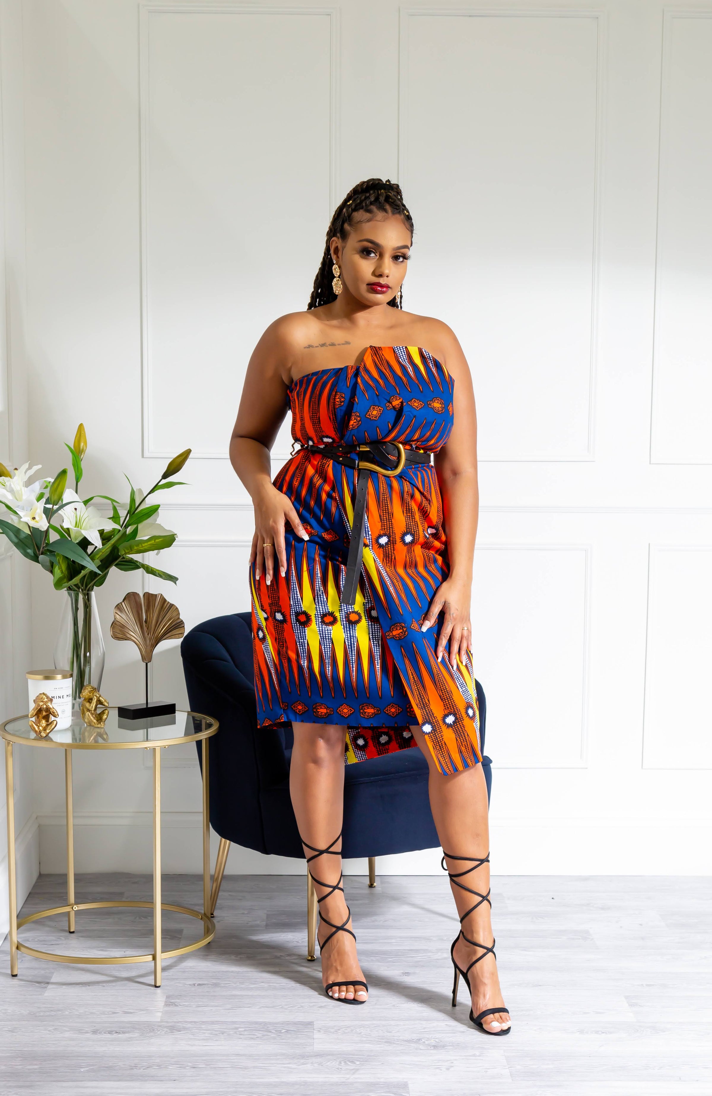 Ankara Asymmetric Tube Fold Over Strapless Red Midi Dress - JERICA