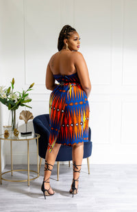 Ankara Asymmetric Tube Fold Over Strapless Red Midi Dress - JERICA