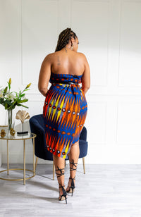 Ankara Asymmetric Tube Fold Over Strapless Red Midi Dress - JERICA