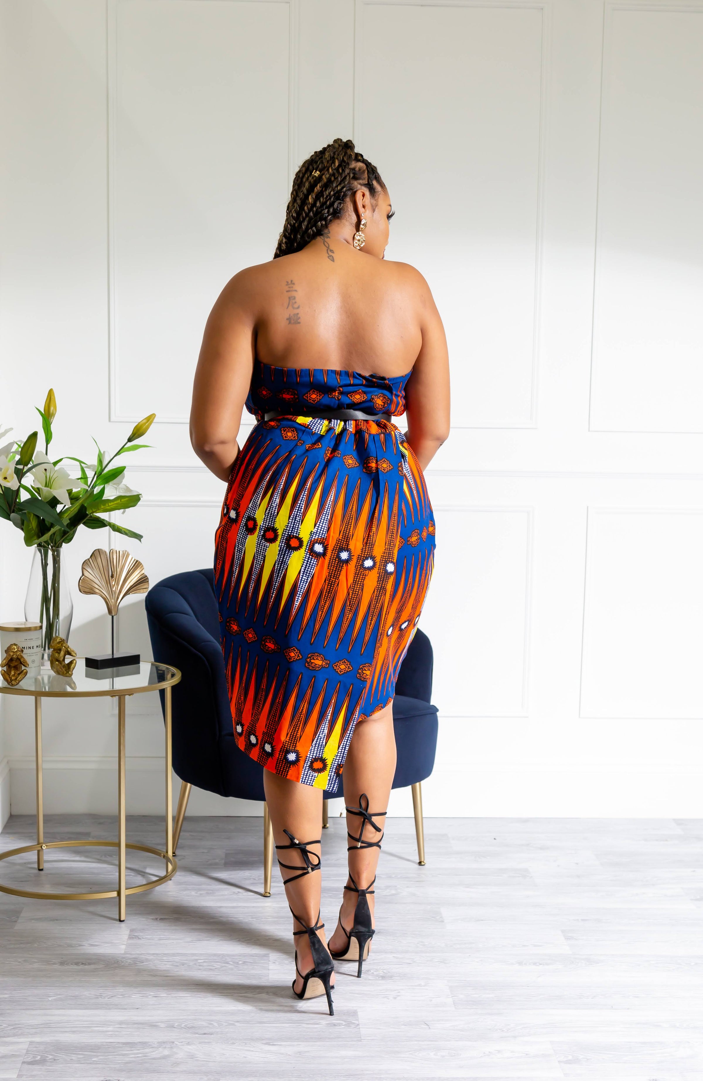 Ankara Asymmetric Tube Fold Over Strapless Red Midi Dress - JERICA