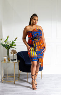 Ankara Asymmetric Tube Fold Over Strapless Red Midi Dress - JERICA