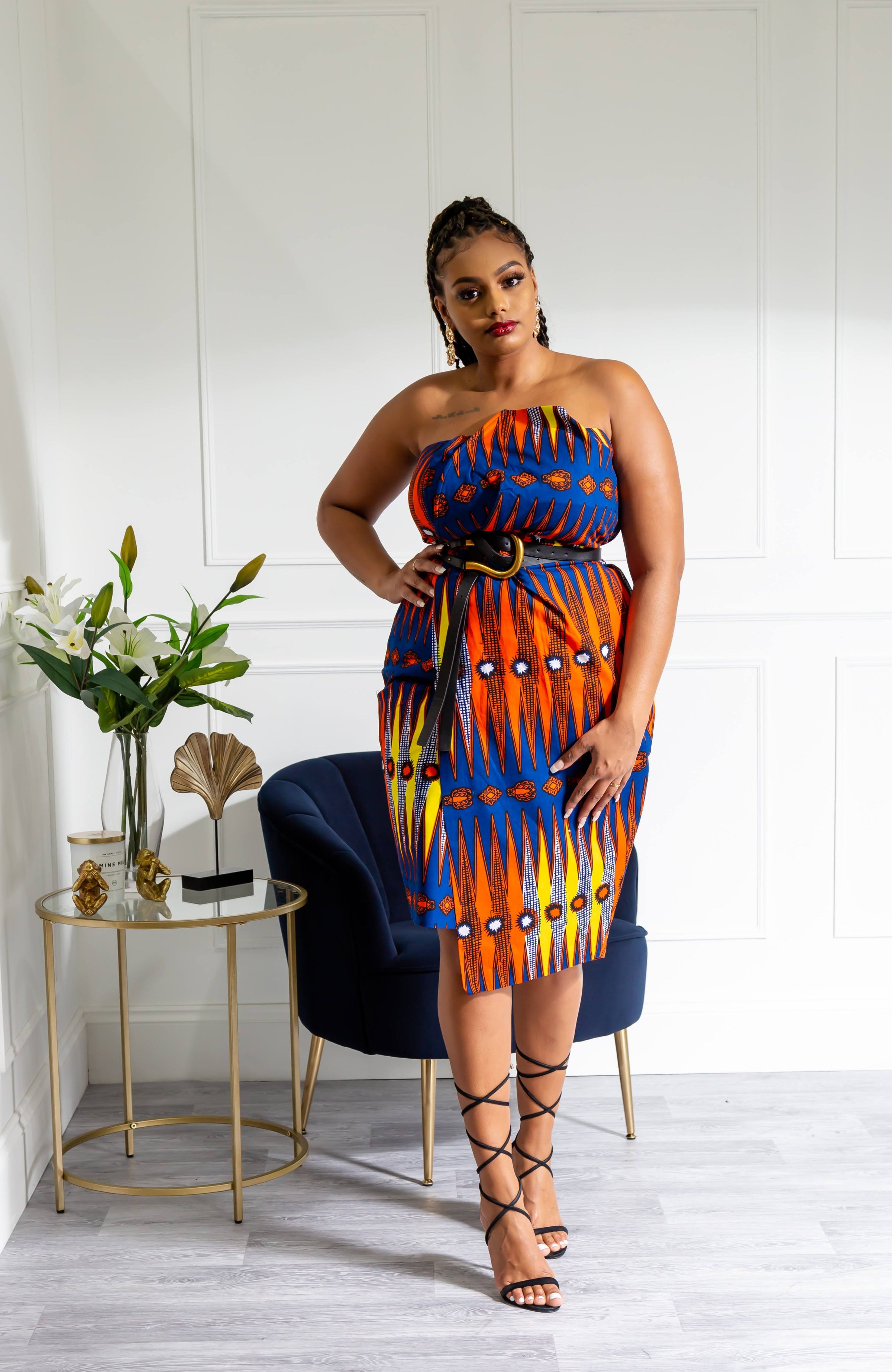 Ankara Asymmetric Tube Fold Over Strapless Red Midi Dress - JERICA