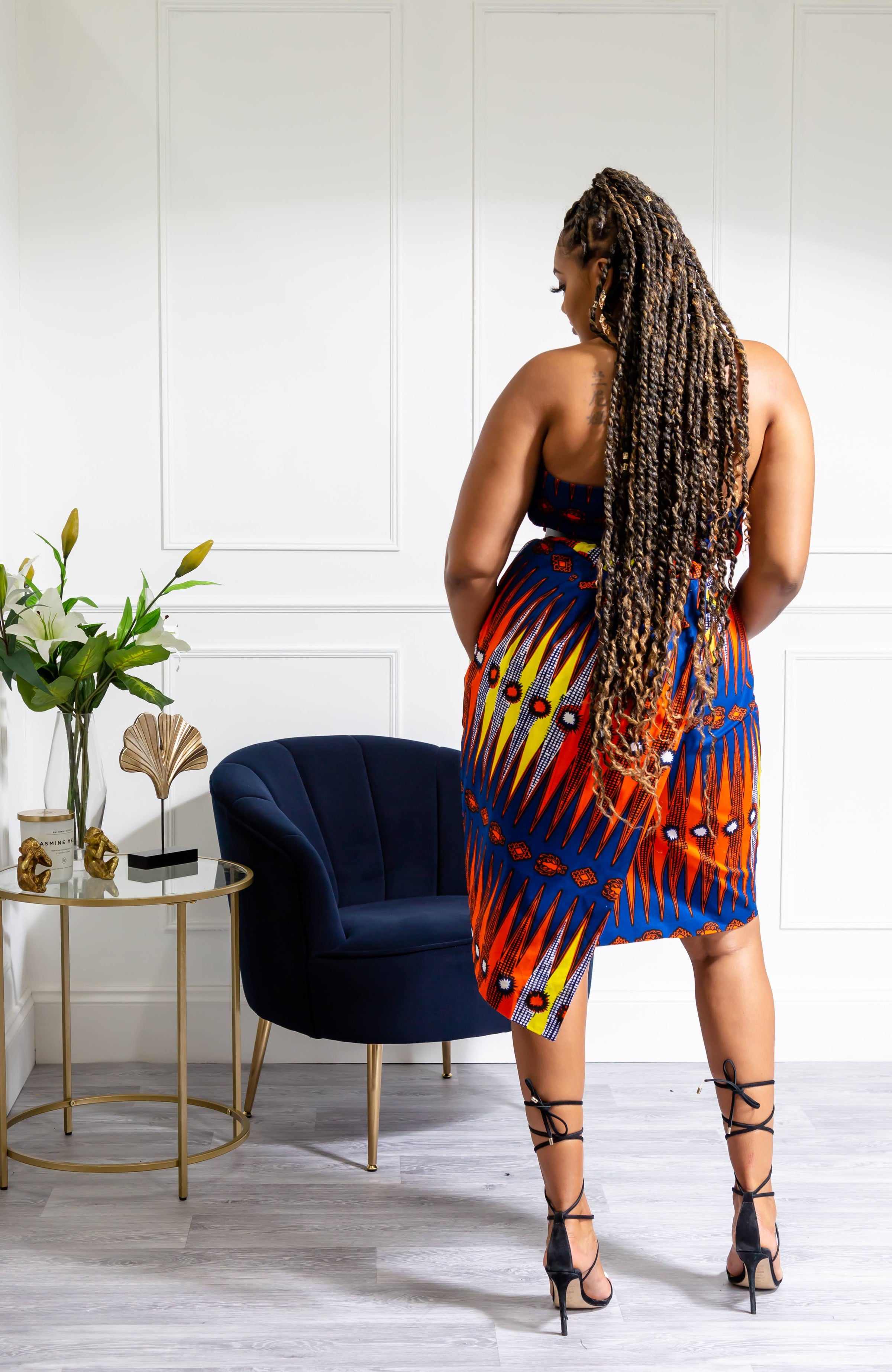 Ankara Asymmetric Tube Fold Over Strapless Red Midi Dress - JERICA