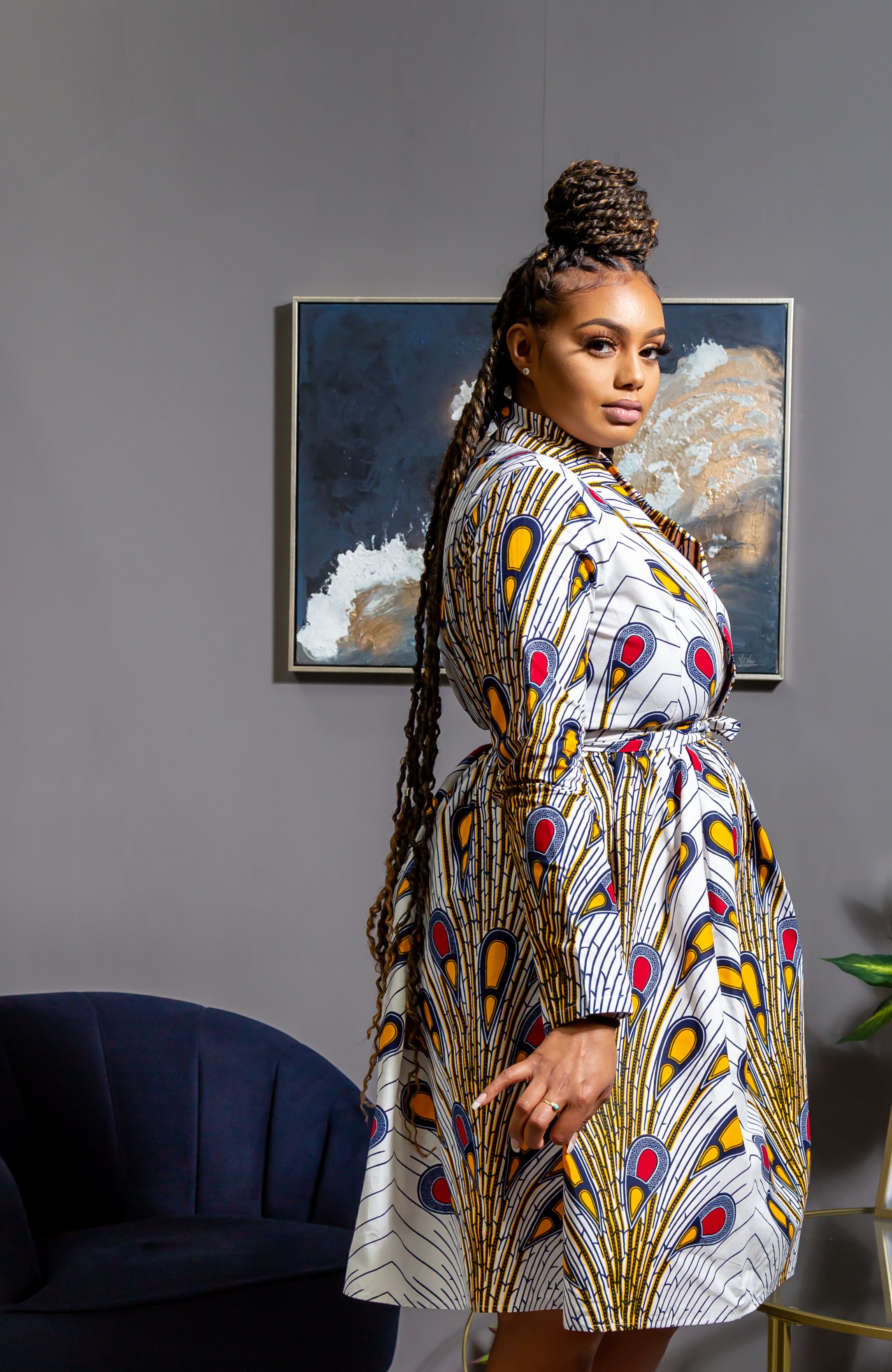 Laviye African Print Midi Dress - African Print V-Neck Wrap Dress Fit and Flare - Pamela