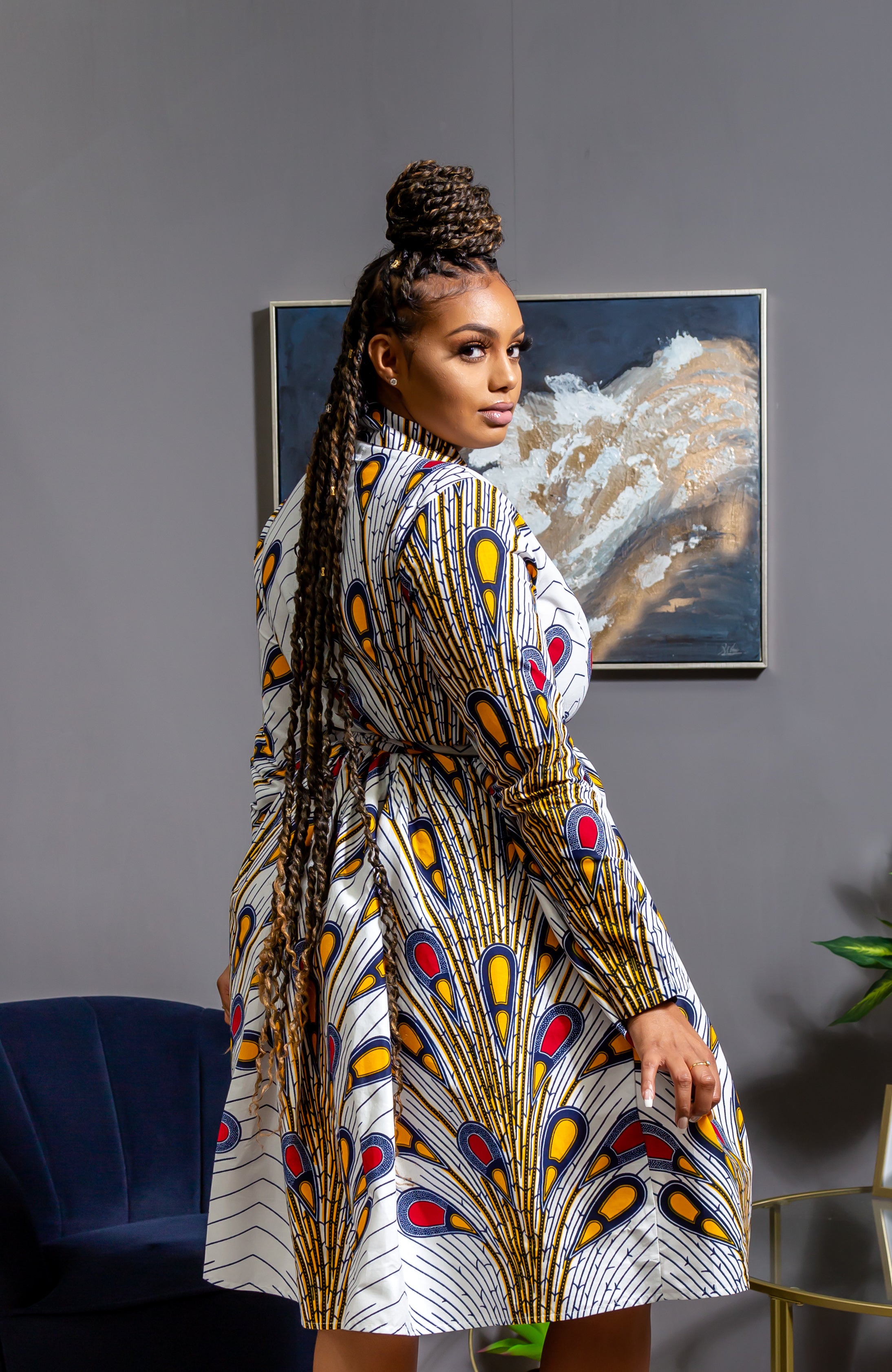 Laviye African Print Midi Dress - African Print V-Neck Wrap Dress Fit and Flare - Pamela
